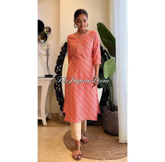 Muslin Silk Leheriya Kurta- Peachish Pink