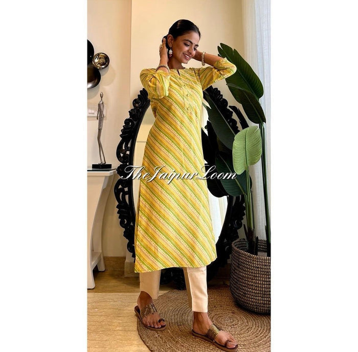 Muslin Silk Leheriya Kurta- Yellow