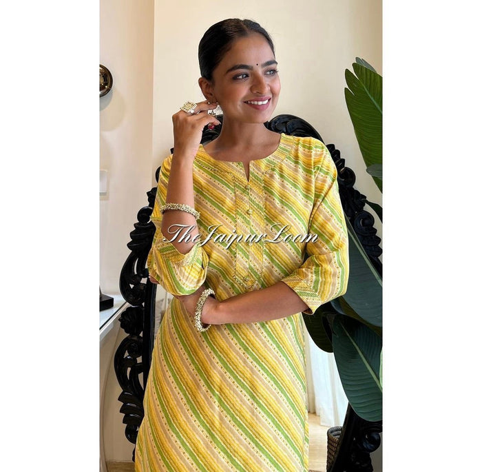 Muslin Silk Leheriya Kurta- Yellow