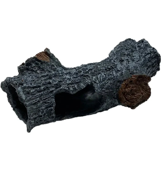 Natural aquarium cave grey is a dark gray textured plastic log with brown bark accents and hollowed-out sections