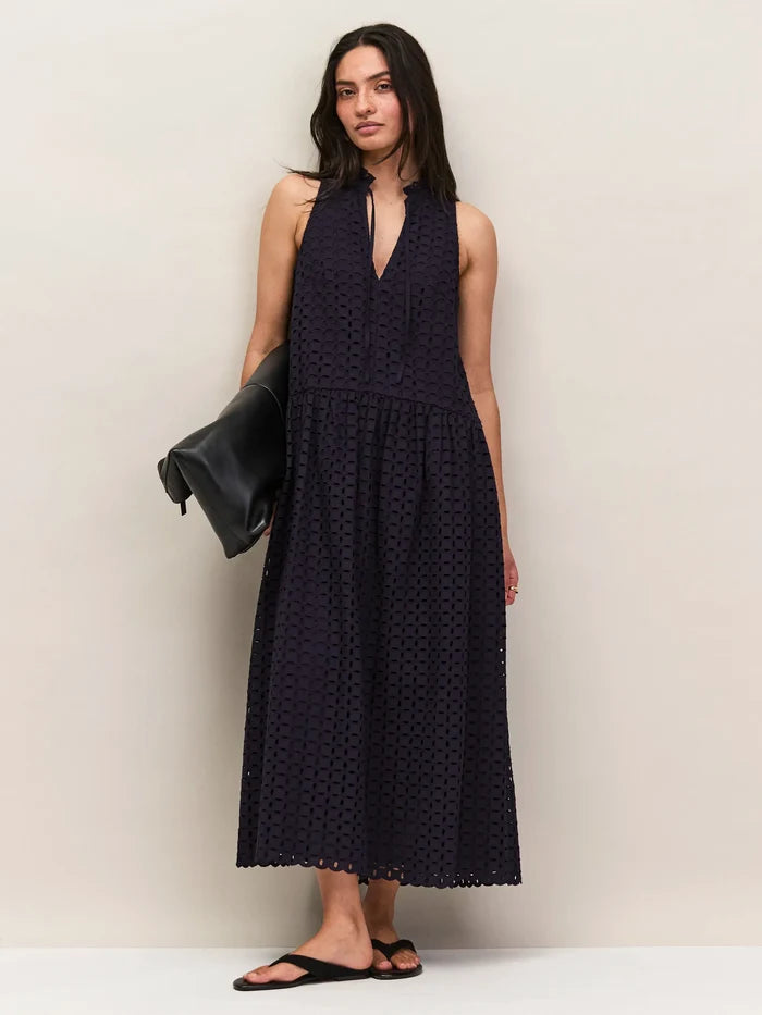 Navy Broderie V-Neck Midi Dress Cotton