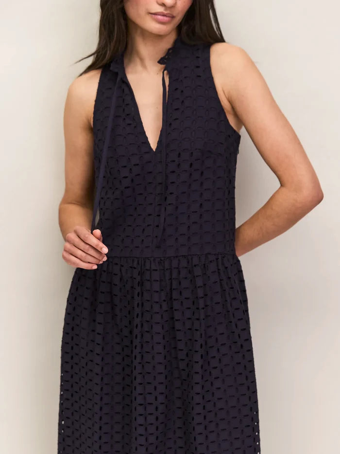 Navy Broderie V-Neck Midi Dress Cotton