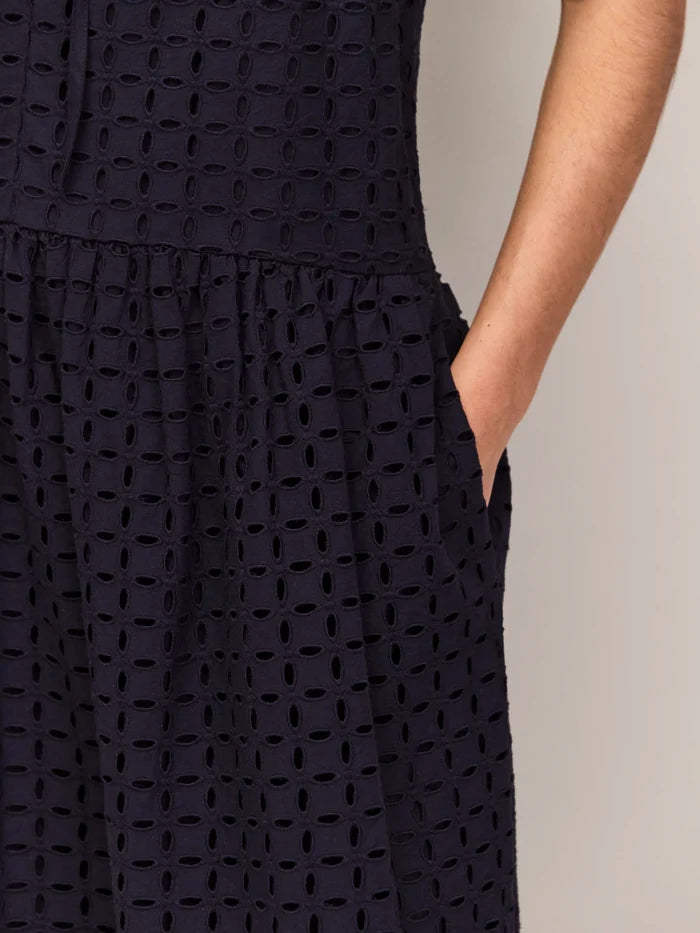 Navy Broderie V-Neck Midi Dress Cotton
