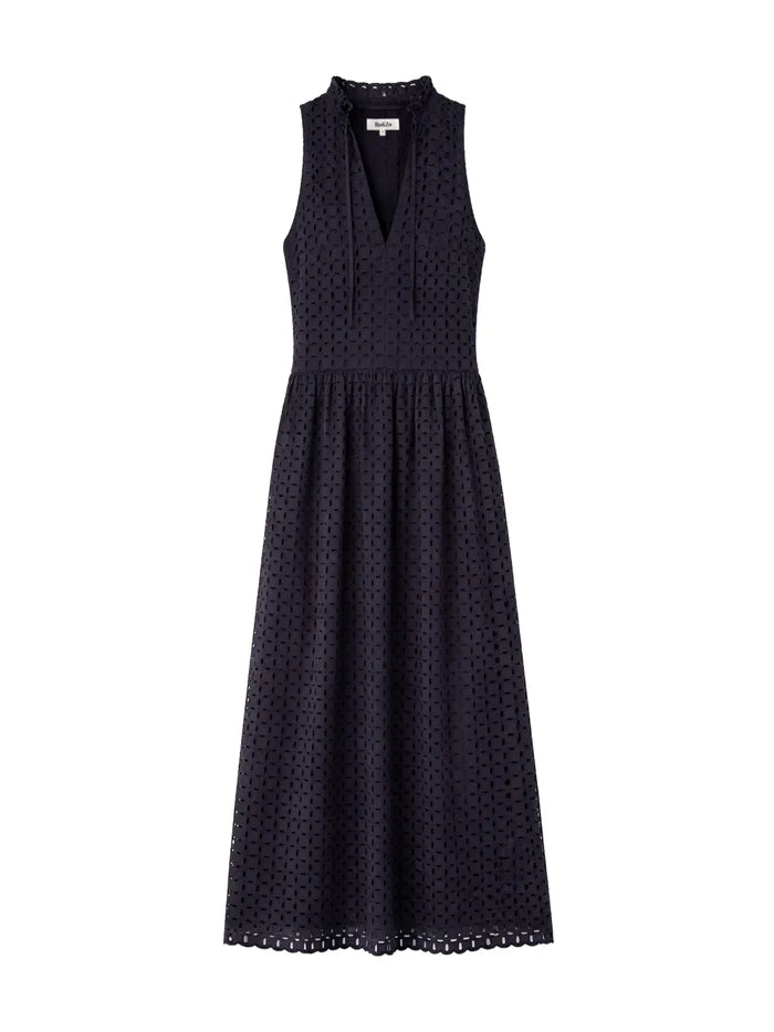 Navy Broderie V-Neck Midi Dress Cotton