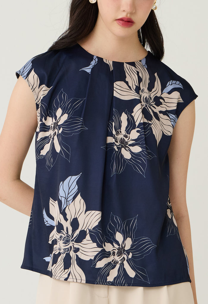 Navy Floral Printed Layered Pleat Blouse