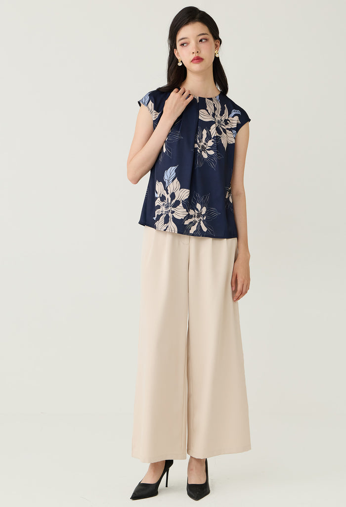 Navy Floral Printed Layered Pleat Blouse