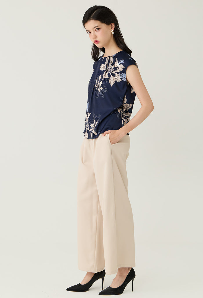 Navy Floral Printed Layered Pleat Blouse