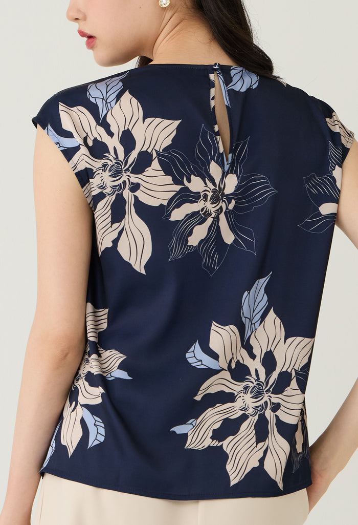 Navy Floral Printed Layered Pleat Blouse