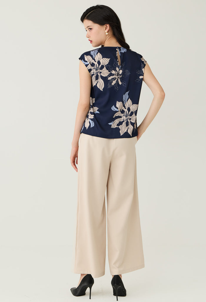 Navy Floral Printed Layered Pleat Blouse