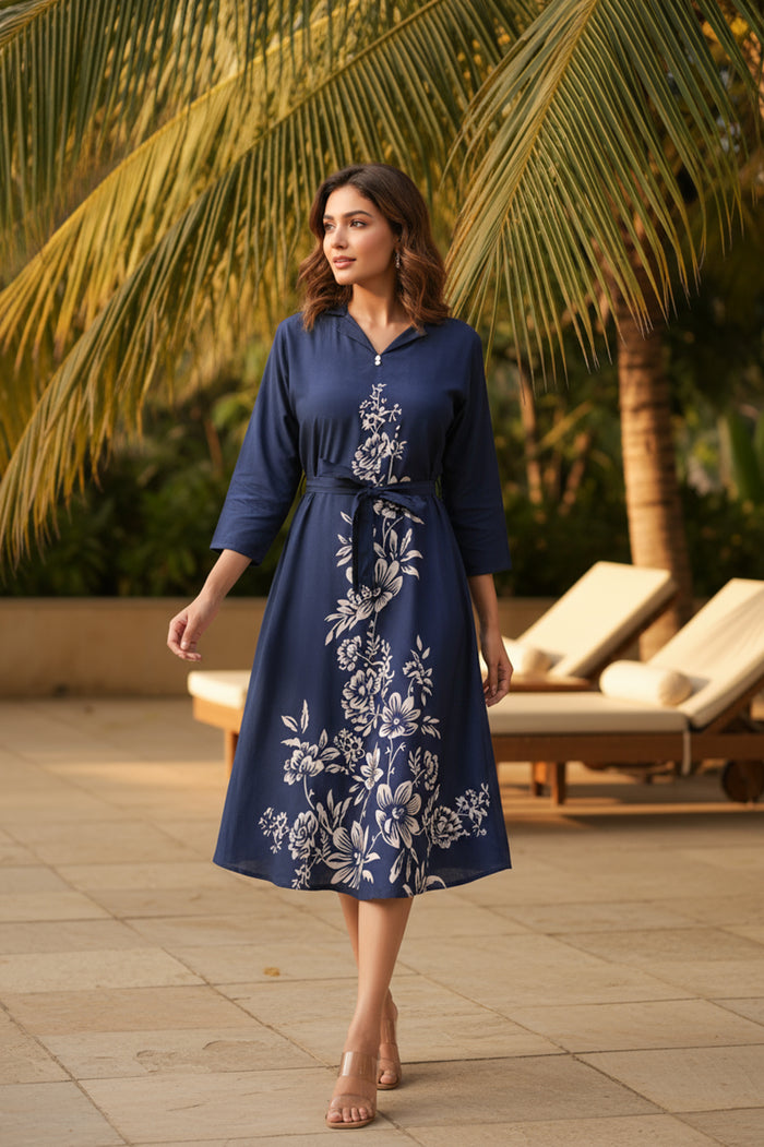 Navy Floral Russian Silk Dress
