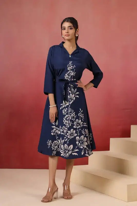 Navy Floral Russian Silk Dress