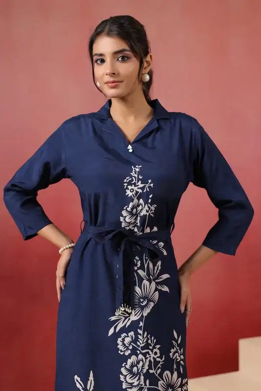 Navy Floral Russian Silk Dress