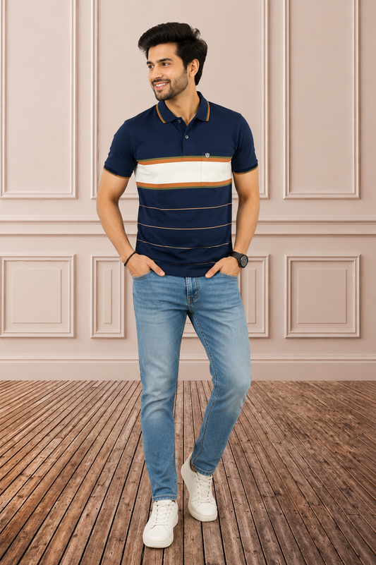 Navy Horizon Striped Polo T-Shirt for Men