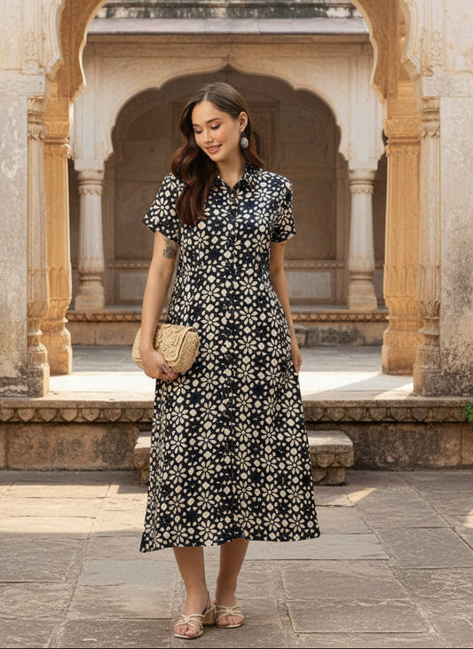 Nay Blue Floral Printed Midi Dress, midi dress, dress, women’s western wear, party wear dress, casual wear dress