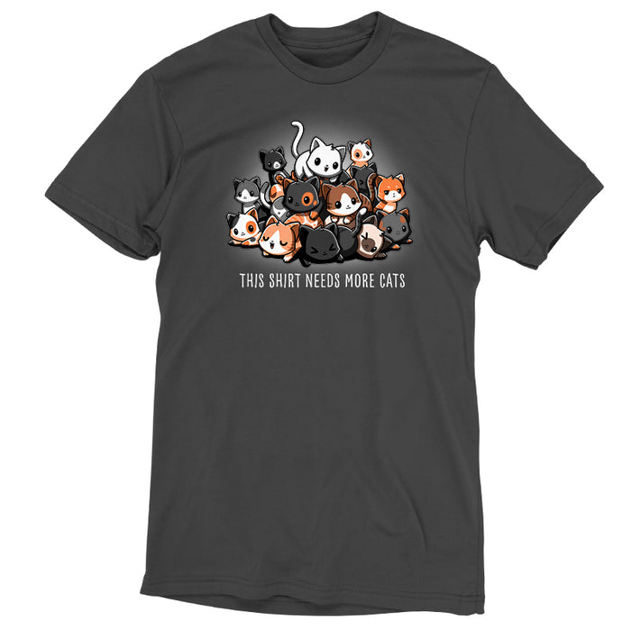 Premium Cotton T-shirt_TeeTurtle charcoal gray Needs More Cats apparel  featuring a pile of different colored cats with various expressions, caption reads "this shirt needs more cats".