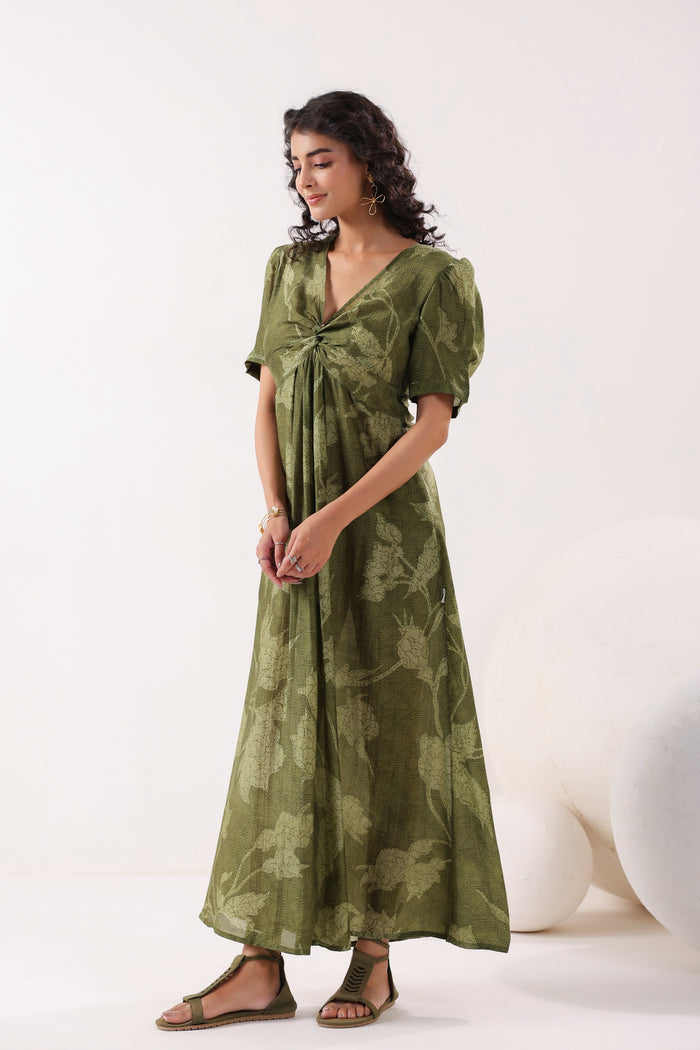 Olive Green Floral Silk Sundress