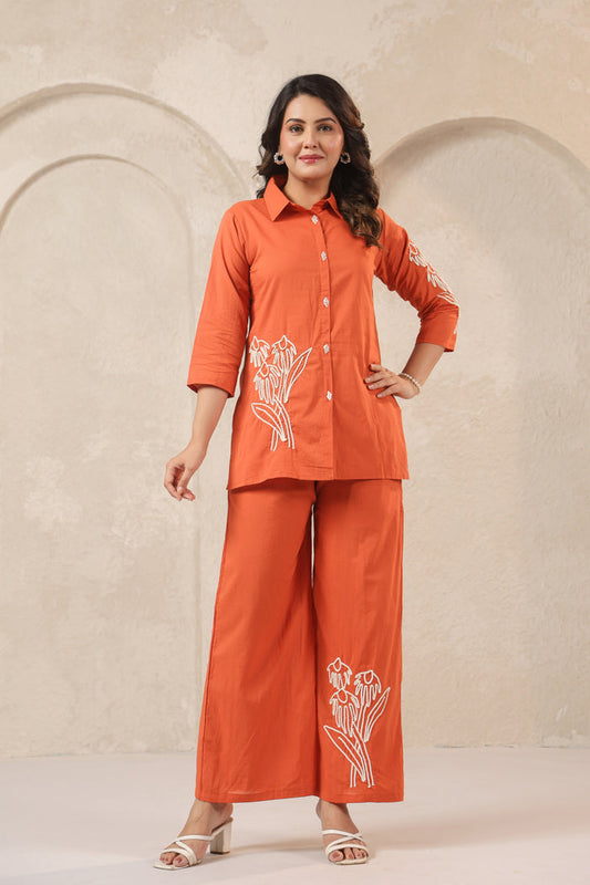Orange Floral Embroidered Cotton Co-ord Set