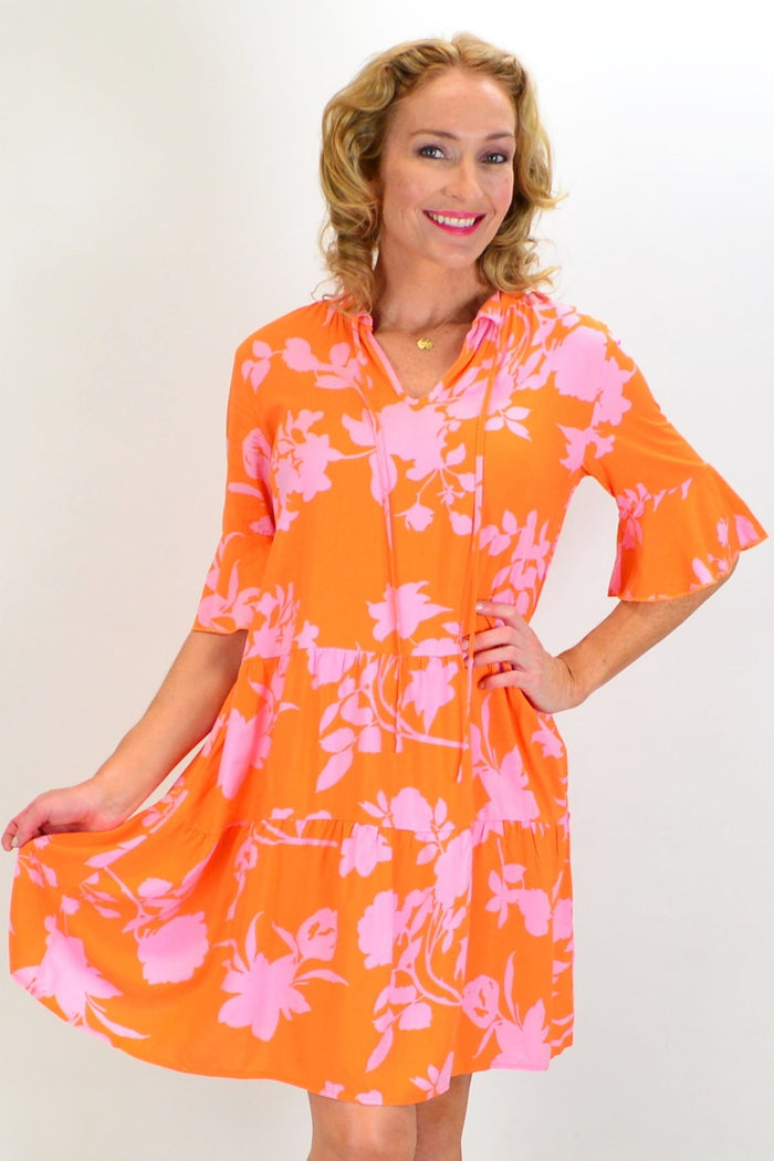 Orange Maple Leaf tiered dress tunic by Peony, featuring a flowy silhouette and layered design, perfect for casual or boho style.