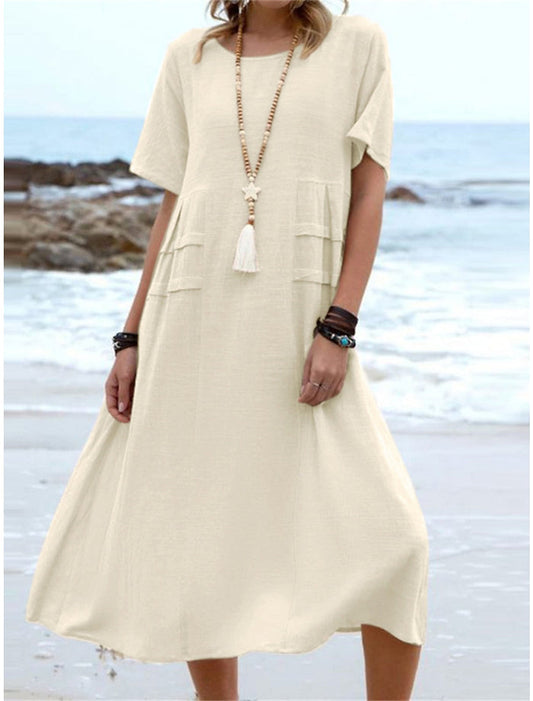Oriana - Robe Midi en Coton et Lin à Col Rond