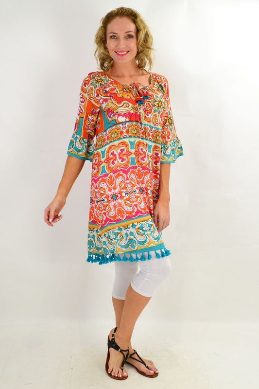 Orientique Mauresque 3/4 sleeve tunic dress, lightweight with intricate pattern, displayed on a hanger.