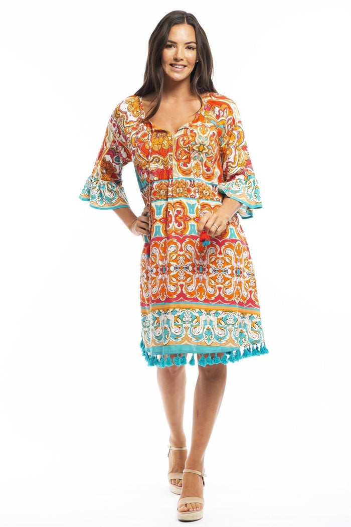 Orientique Mauresque 3/4 sleeve tunic dress featuring colorful patterns and relaxed fit, perfect for casual wear.