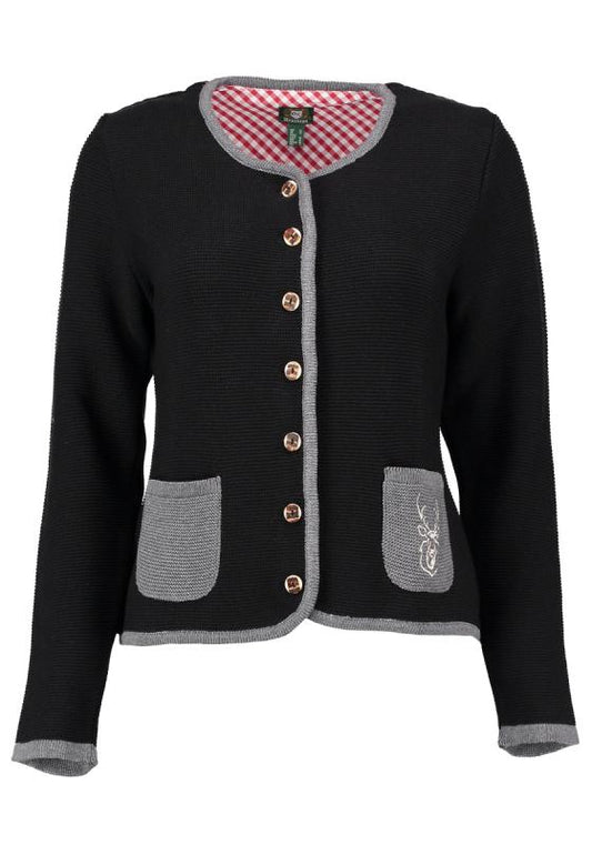 OS Trachten Women's Cardigan — Traditional Deer Embroidery- black
