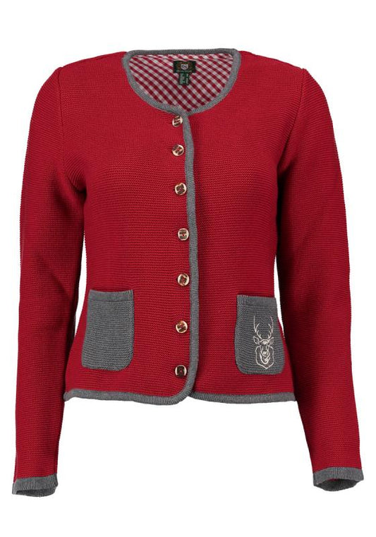 OS Trachten Women's Cardigan — Traditional Deer Embroidery- red