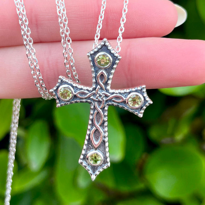 Oxidised Celtic Cross with Peridot