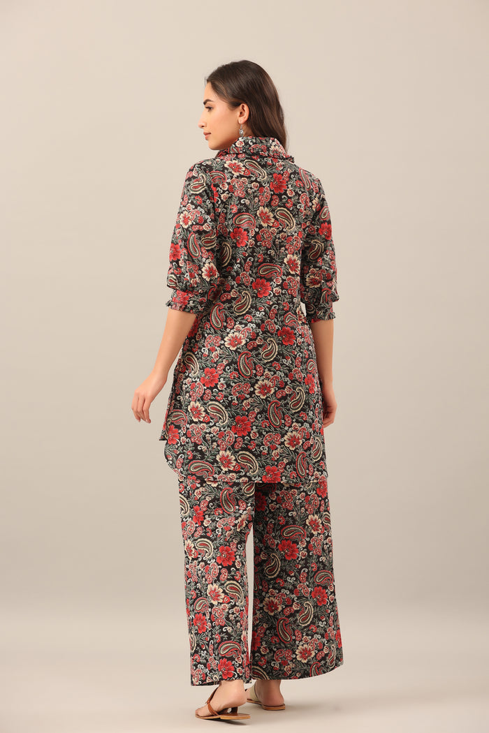 Paisley Park on Black Collared Cotton Smoked Sleeves Palazzo Loungewear Set