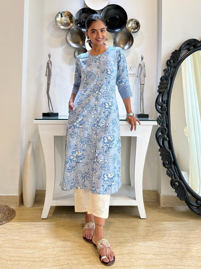Pastel Blue Fancy A-line Kurta