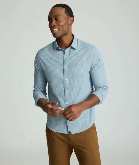 Model is wearing UNTUCKit Lafior Performance Shirt with Pocket.