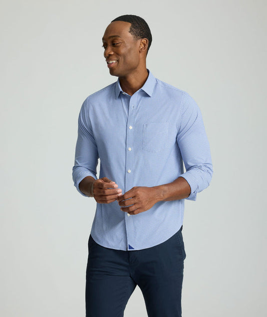 Model is wearing UNTUCKit Lafior Performance Shirt with Pocket.