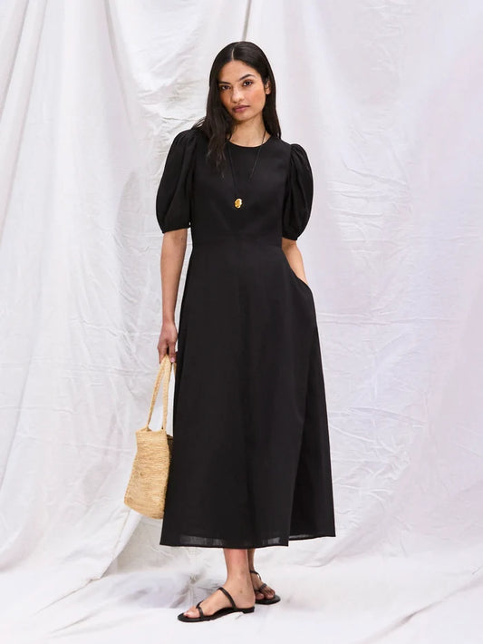 Black Cotton Voile Seam Waist Dress
