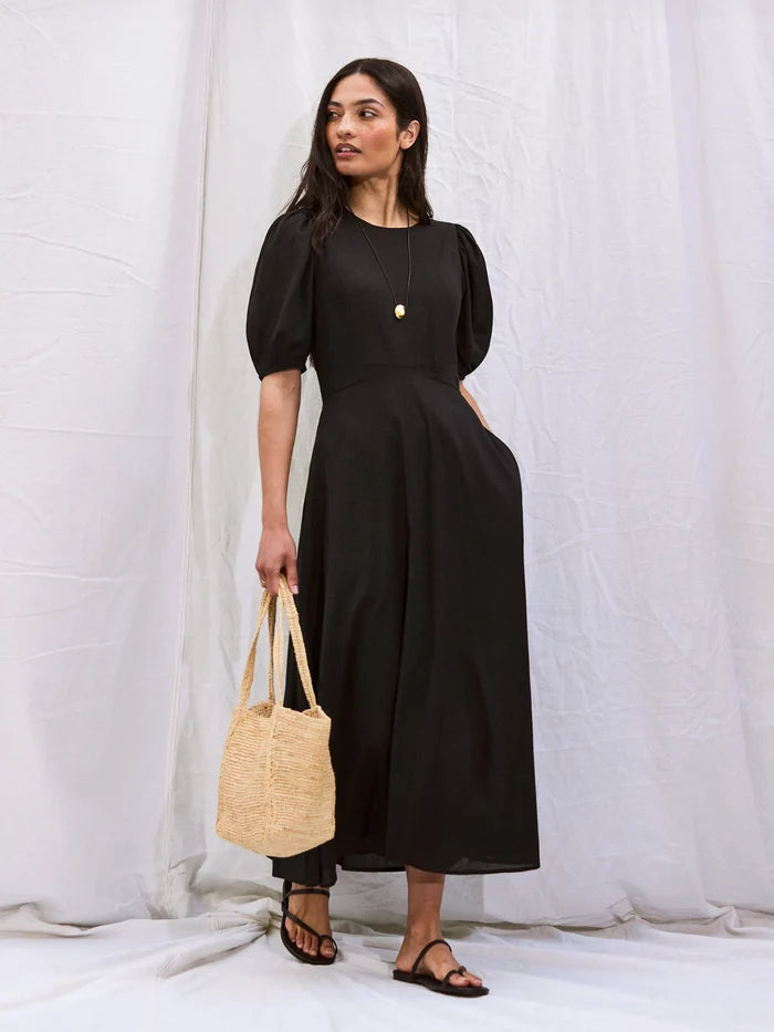 Black Cotton Voile Seam Waist Dress