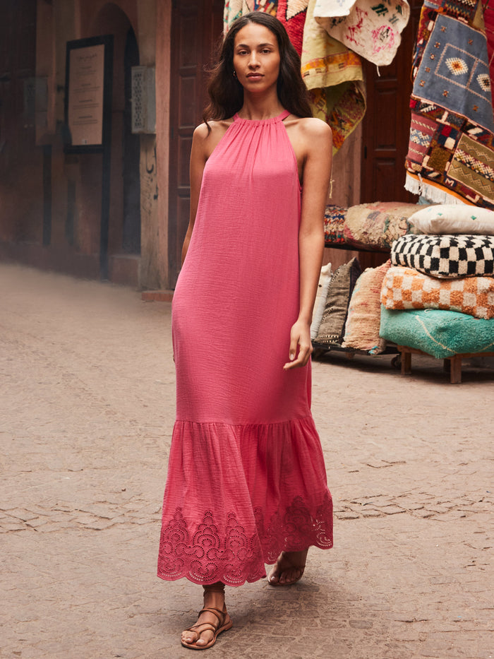 Petite Pink Broderie Hem Cheesecloth Maxi Dress