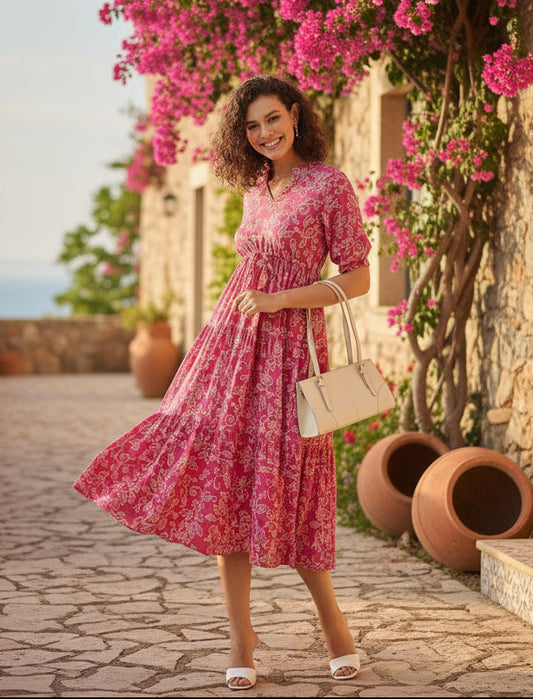 Pink Leaf Printed Midi Dress, Dress, Pink Dress, Printed Dress, Midi length dress