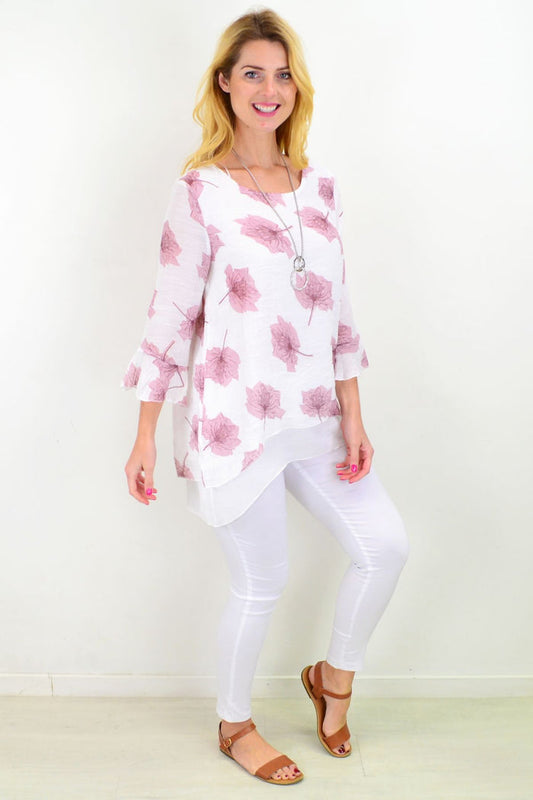 Pink Maple Leaf Layered Tunic Top by Caroline Morgan, featuring a flowy design with layered fabric and a soft pink color.