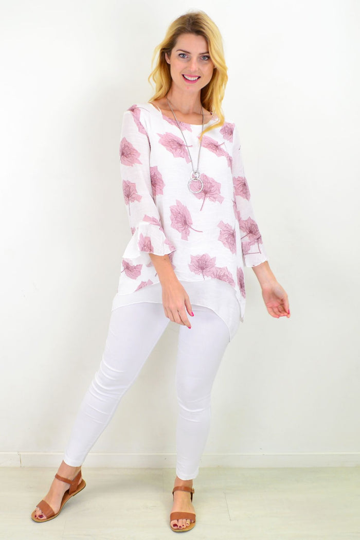 Pink Maple Leaf Layered Tunic Top by Caroline Morgan, featuring a flowy design with layered fabric and a leaf pattern.