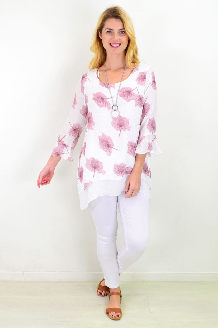 Pink maple leaf layered tunic top by Caroline Morgan, featuring a flowy, layered design with long sleeves and a comfortable fit.