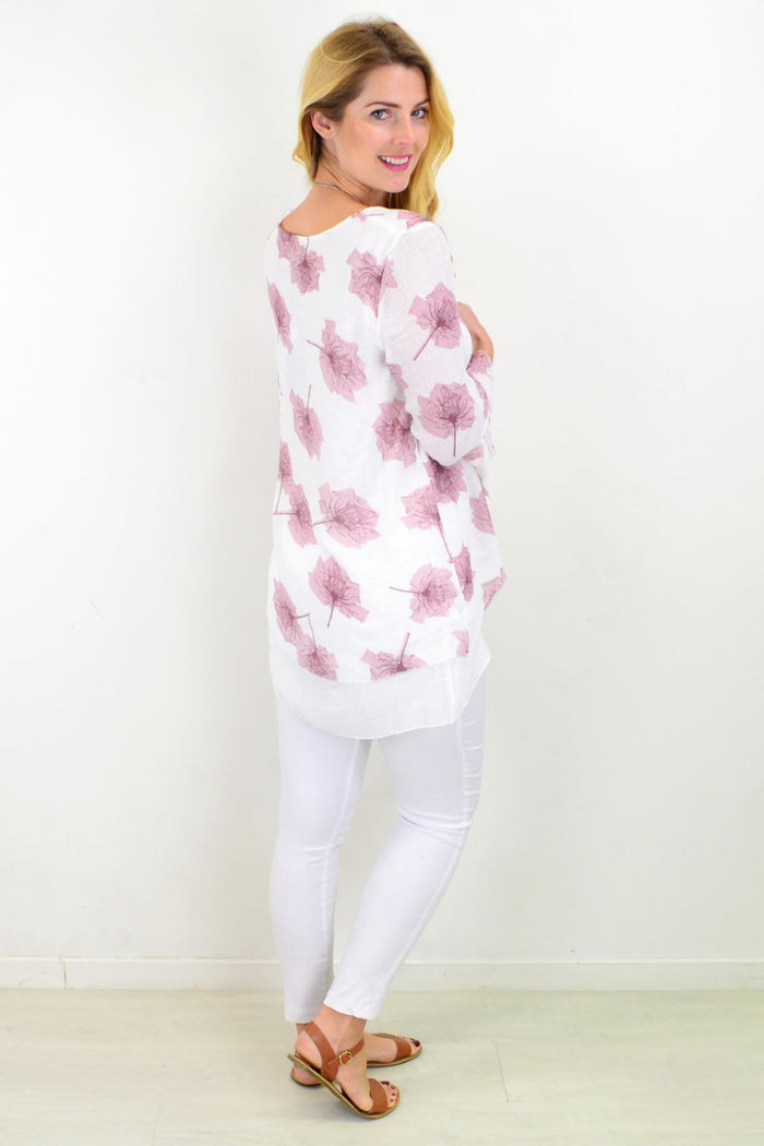 Pink Maple Leaf layered tunic top by Caroline Morgan, featuring a soft fabric and stylish layered design.
