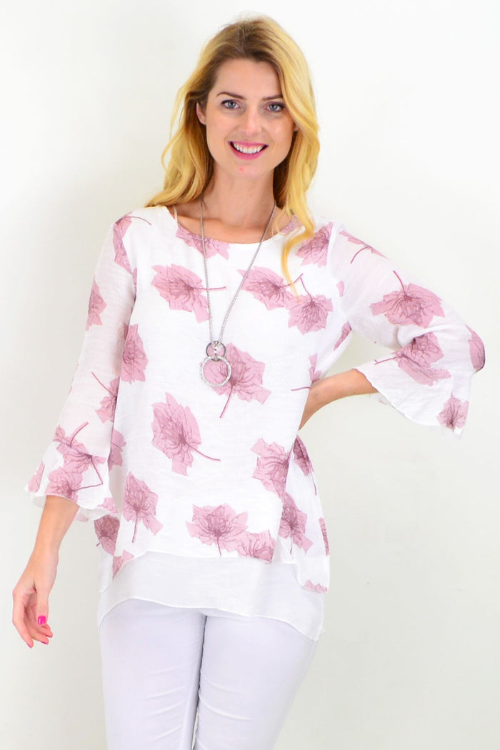 Pink Maple Leaf layered tunic top by Caroline Morgan, featuring a flowy design with leaf patterns and long sleeves.