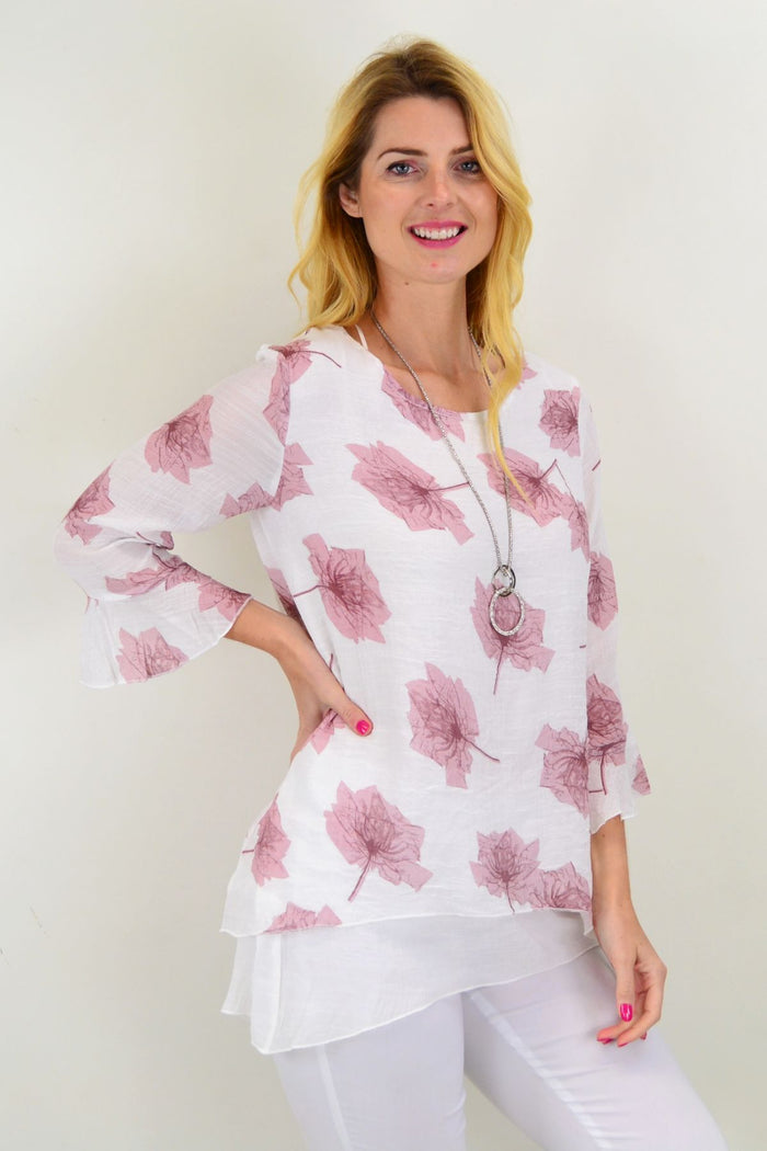 Pink maple leaf layered tunic top by Caroline Morgan, featuring a stylish, flowy design with leaf pattern details.