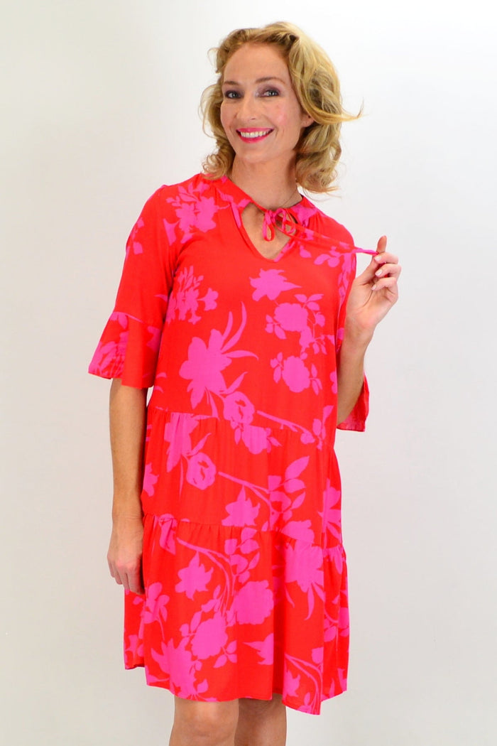 Pink Maple Leaf Tiered Dress Tunic by Peony, featuring layered fabric and a vibrant leaf pattern, perfect for casual wear.