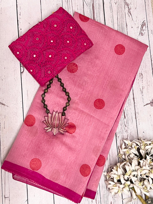 Pink polka dotted chanderi saree