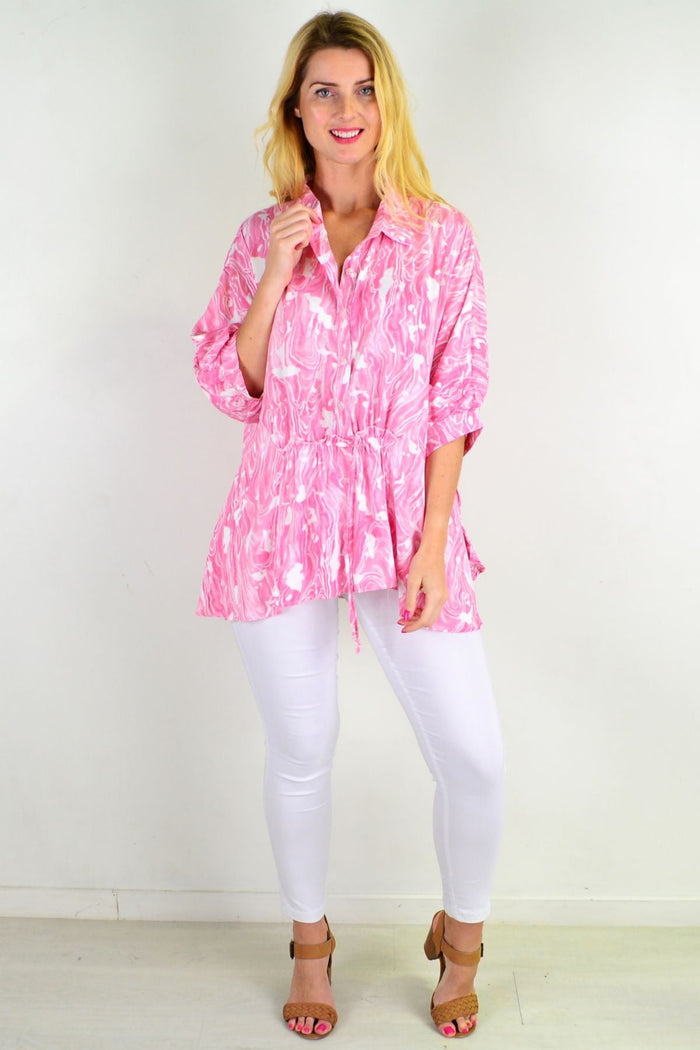 Pink River Relaxed Fit Tunic Blouse by Hourglass, showing a flowy, lightweight pink tunic top with a relaxed fit and long sleeves.