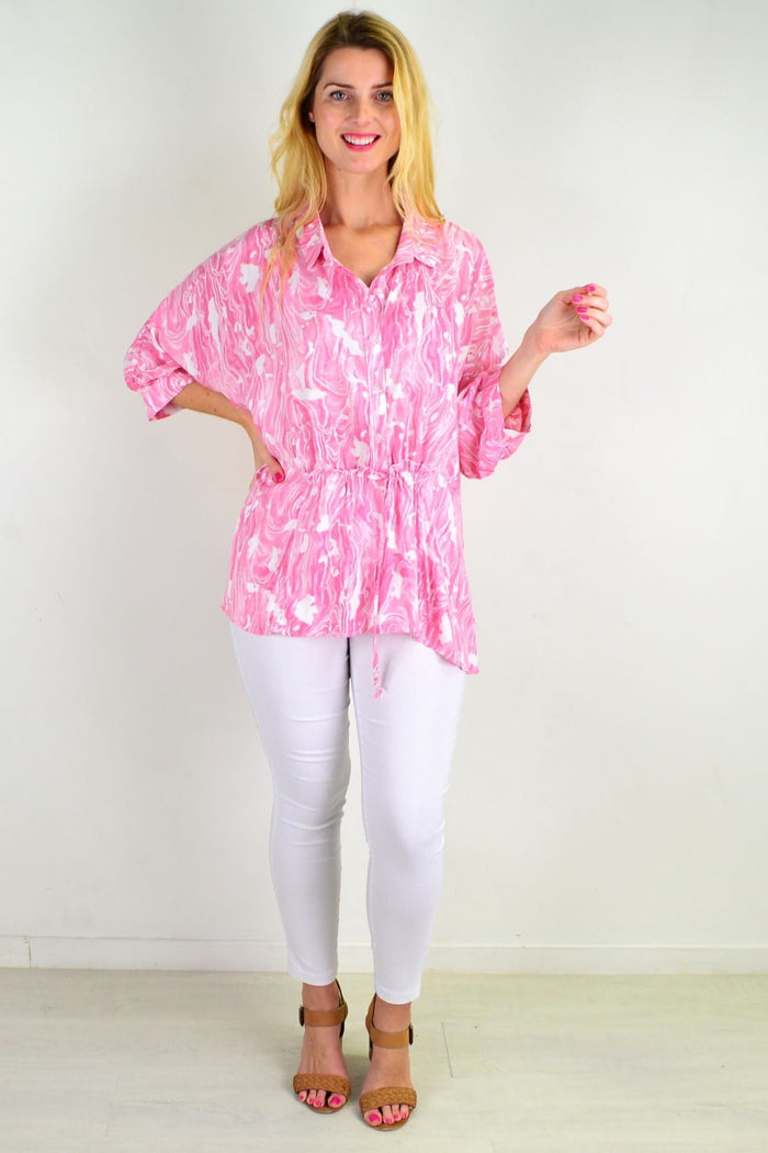 Pink and white relaxed fit Tunic Blouse by Hourglass, loose style, lightweight fabric, suitable for casual or office wear.