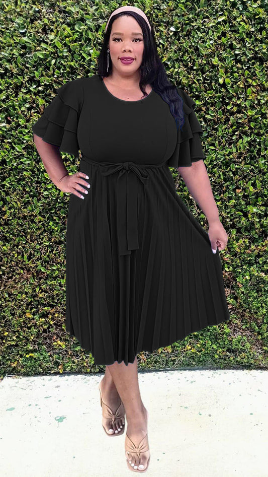 Plus Size double Ruffled Sleeves Pleated Flare Midi Dresses