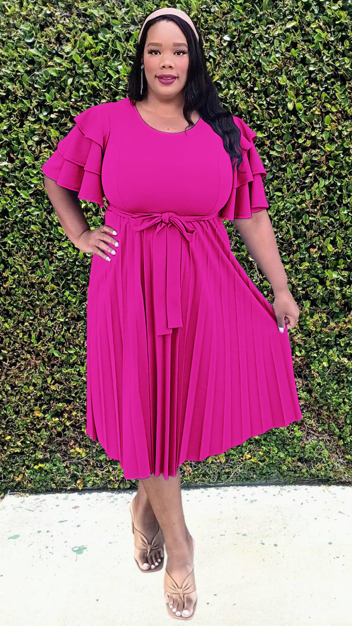 Plus Size double Ruffled Sleeves Pleated Flare Midi Dresses