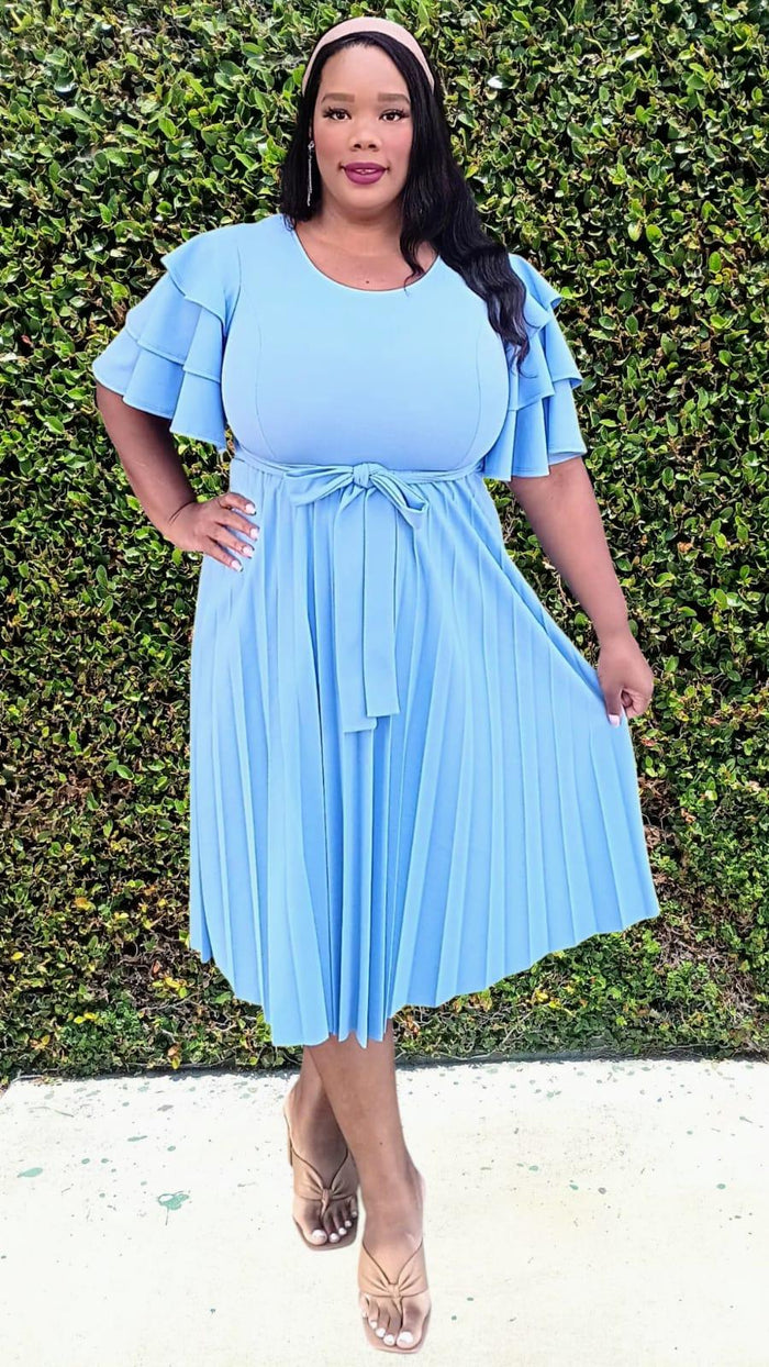 Plus Size double Ruffled Sleeves Pleated Flare Midi Dresses