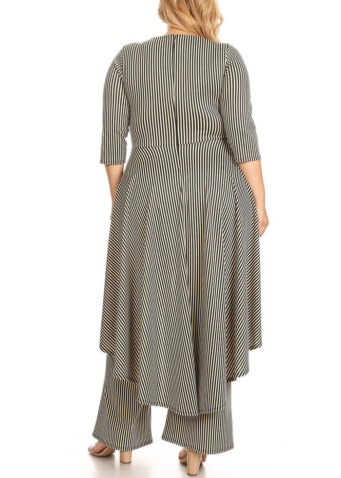 HI Curvy Plus Size Women Striped Hi- Low Peplum Top & Pants Set